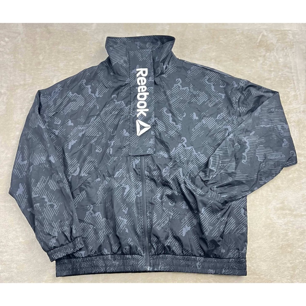 Reebok Mens Windbreaker Jacket Large Gray Black Camo Logo Full Zip Mesh Lined